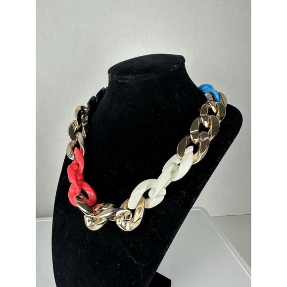 Retro Gold Pink & Blue Chunky Necklace Alternating Pattern Collar Jewelry 1pc - Picture 3 of 3